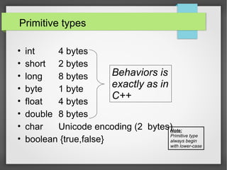 Primitive types
• int 4 bytes
• short 2 bytes
• long 8 bytes
• byte 1 byte
• float 4 bytes
• double 8 bytes
• char Unicode encoding (2 bytes)
• boolean {true,false}
Behaviors is
exactly as in
C++
Note:
Primitive type
always begin
with lower-case
 