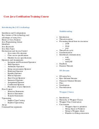 Core Java Certification Training Course

Introducing the JAVA technology
Installation and Configurations
Key features of the technology and
advantages of using Java
History of Java Features
Java Programming format
Identifiers
Java Keywords
Java Data Types
Declarations and Access Control
o Java source file structure
o Class access specifications
o Member Access specifications
Operators and Assignments
o Increment and Decrement Operators
o Shift Operators
o Arithmetic Operators
o String concatenation Operator
o Relational Operator
o Equality Operator
o Bitwise Operator
o Short Circuit Operator
o Instanceof Operator
o Assignment Operator
o Conditional Operator
o Precedence of java Operators
Flow Control
o Selection Statements
o Iterative Statements
o Transfer Statements
Typecasting
o Implicit Type Casting
o Explicit Typecasting
Arrays
Command-line arguments

Multithreading











Introduction
Thread creations
Preventing thread from its execution
o yield
o sleep
o join
Thread Life cycle
Synchronization
Interthread communication
o wait
o notify
o notifyAll
Deadlock
Deamon Threads
I/O Streams








I/O using Java
Byte Oriented Streams
Character Oriented Streams
Files
Serialization
Deserialization
Wrapper Classes






Introduction
Hierarchy of Wrapper Classes
Wrapper Class Construction
Conversions
o Wrapper object to primitive
o String object to Primitive
o String to Wrapper object
o Primitive to String conversion

 