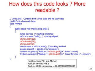 How does this code looks ? More
readable ?
// Circle.java: Contains both Circle class and its user class
//Add Circle clas...