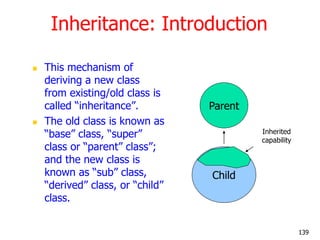 Inheritance: Introduction
 This mechanism of
deriving a new class
from existing/old class is
called ―inheritance‖.
 The ...