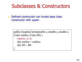 Subclasses & Constructors
 Defined constructor can invoke base class
constructor with super:
public GraphicCircle(double ...