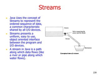 Streams
 Java Uses the concept of
Streams to represent the
ordered sequence of data,
a common characteristic
shared by al...