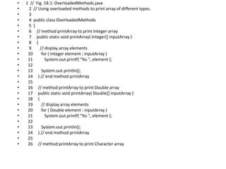 • 1 // Fig. 18.1: OverloadedMethods.java
• 2 // Using overloaded methods to print array of different types.
• 3
• 4 public class OverloadedMethods
• 5 {
• 6 // method printArray to print Integer array
• 7 public static void printArray( Integer[] inputArray )
• 8 {
• 9 // display array elements
• 10 for ( Integer element : inputArray )
• 11 System.out.printf( "%s ", element );
• 12
• 13 System.out.println();
• 14 } // end method printArray
• 15
• 16 // method printArray to print Double array
• 17 public static void printArray( Double[] inputArray )
• 18 {
• 19 // display array elements
• 20 for ( Double element : inputArray )
• 21 System.out.printf( "%s ", element );
• 22
• 23 System.out.println();
• 24 } // end method printArray
• 25
• 26 // method printArray to print Character array
 