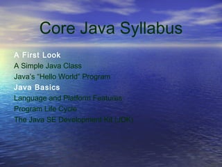 Core Java Syllabus
A First Look
A Simple Java Class
Java’s “Hello World” Program
Java Basics
Language and Platform Features
Program Life Cycle
The Java SE Development Kit (JDK)
 