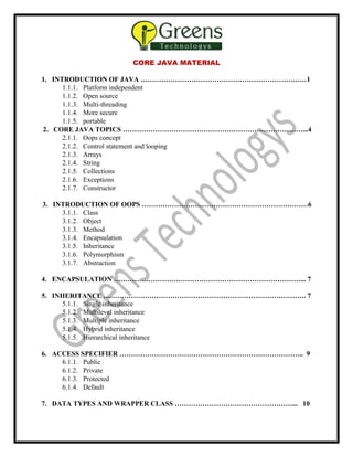 CORE JAVA MATERIAL
1. INTRODUCTION OF JAVA ………………………………………………………………1
1.1.1. Platform independent
1.1.2. Open source
1.1.3. Multi-threading
1.1.4. More secure
1.1.5. portable
2. CORE JAVA TOPICS ……………………………………………………………………...4
2.1.1. Oops concept
2.1.2. Control statement and looping
2.1.3. Arrays
2.1.4. String
2.1.5. Collections
2.1.6. Exceptions
2.1.7. Constructor
3. INTRODUCTION OF OOPS ………………………………………………………………6
3.1.1. Class
3.1.2. Object
3.1.3. Method
3.1.4. Encapsulation
3.1.5. Inheritance
3.1.6. Polymorphism
3.1.7. Abstraction
4. ENCAPSULATION ………………………………………………………………………... 7
5. INHERITANCE ……………………………………………………………………………. 7
5.1.1. Single inheritance
5.1.2. Multilevel inheritance
5.1.3. Multiple inheritance
5.1.4. Hybrid inheritance
5.1.5. Hierarchical inheritance
6. ACCESS SPECIFIER …………………………………………………………………….. 9
6.1.1. Public
6.1.2. Private
6.1.3. Protected
6.1.4. Default
7. DATA TYPES AND WRAPPER CLASS ……………………………………………... 10
 