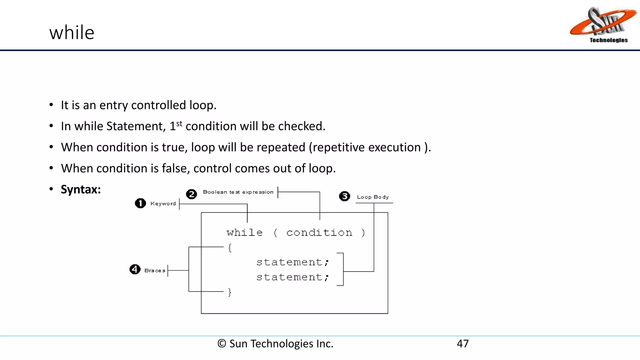 while
• It is an entry controlled loop.
• In while Statement, 1st condition will be checked.
• When condition is true, loop will be repeated (repetitive execution ).
• When condition is false, control comes out of loop.
• Syntax:
© Sun Technologies Inc. 47
 