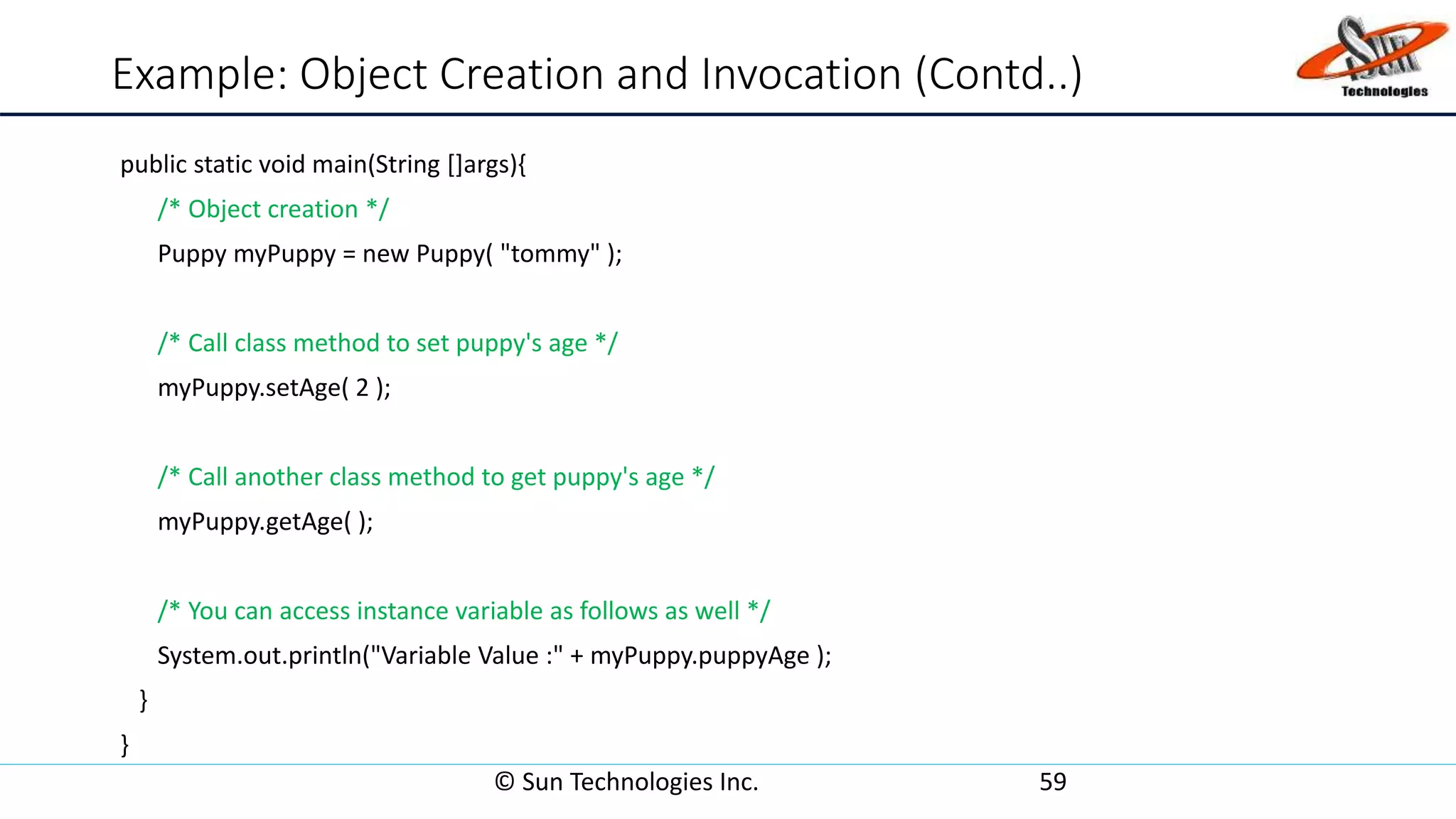 Example: Object Creation and Invocation (Contd..)
public static void main(String []args){
/* Object creation */
Puppy myPuppy = new Puppy( "tommy" );
/* Call class method to set puppy's age */
myPuppy.setAge( 2 );
/* Call another class method to get puppy's age */
myPuppy.getAge( );
/* You can access instance variable as follows as well */
System.out.println("Variable Value :" + myPuppy.puppyAge );
}
}
© Sun Technologies Inc. 59
 