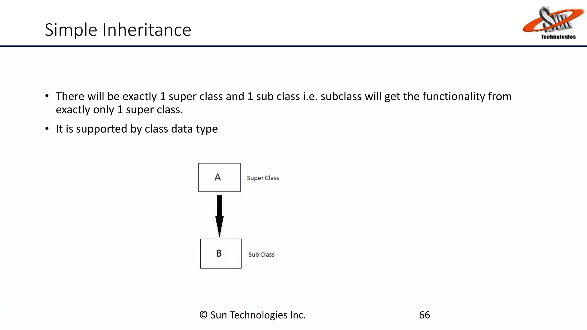 Simple Inheritance
• There will be exactly 1 super class and 1 sub class i.e. subclass will get the functionality from
exactly only 1 super class.
• It is supported by class data type
© Sun Technologies Inc. 66
 