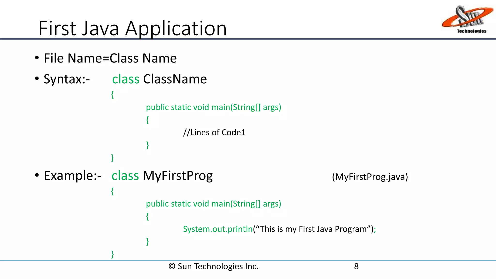 First Java Application
• File Name=Class Name
• Syntax:- class ClassName
{
public static void main(String[] args)
{
//Lines of Code1
}
}
• Example:- class MyFirstProg (MyFirstProg.java)
{
public static void main(String[] args)
{
System.out.println(“This is my First Java Program”);
}
}
© Sun Technologies Inc. 8
 