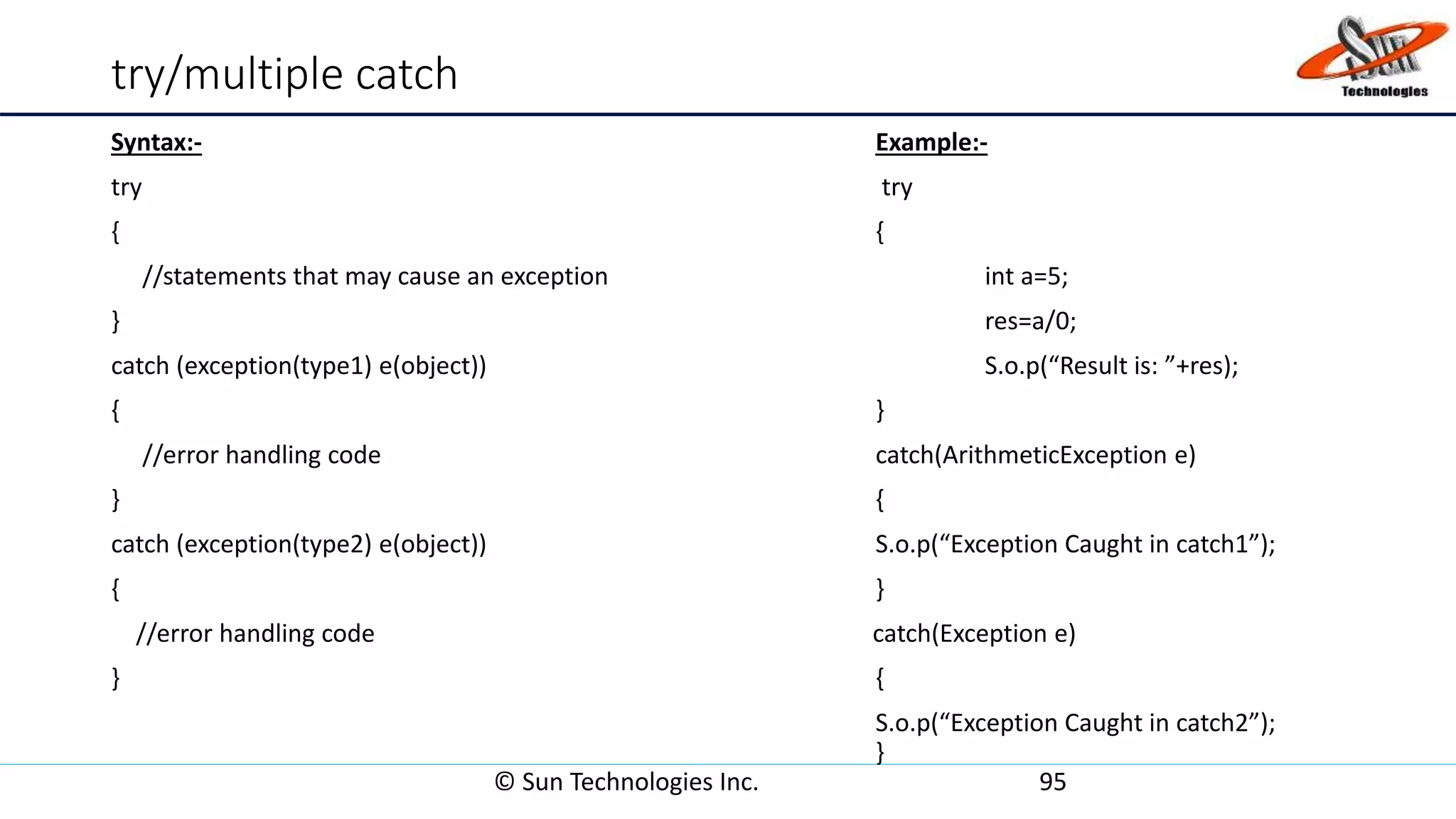 try/multiple catch
Syntax:- Example:-
try try
{ {
//statements that may cause an exception int a=5;
} res=a/0;
catch (exception(type1) e(object)) S.o.p(“Result is: ”+res);
{ }
//error handling code catch(ArithmeticException e)
} {
catch (exception(type2) e(object)) S.o.p(“Exception Caught in catch1”);
{ }
//error handling code catch(Exception e)
} {
S.o.p(“Exception Caught in catch2”);
}
© Sun Technologies Inc. 95
 