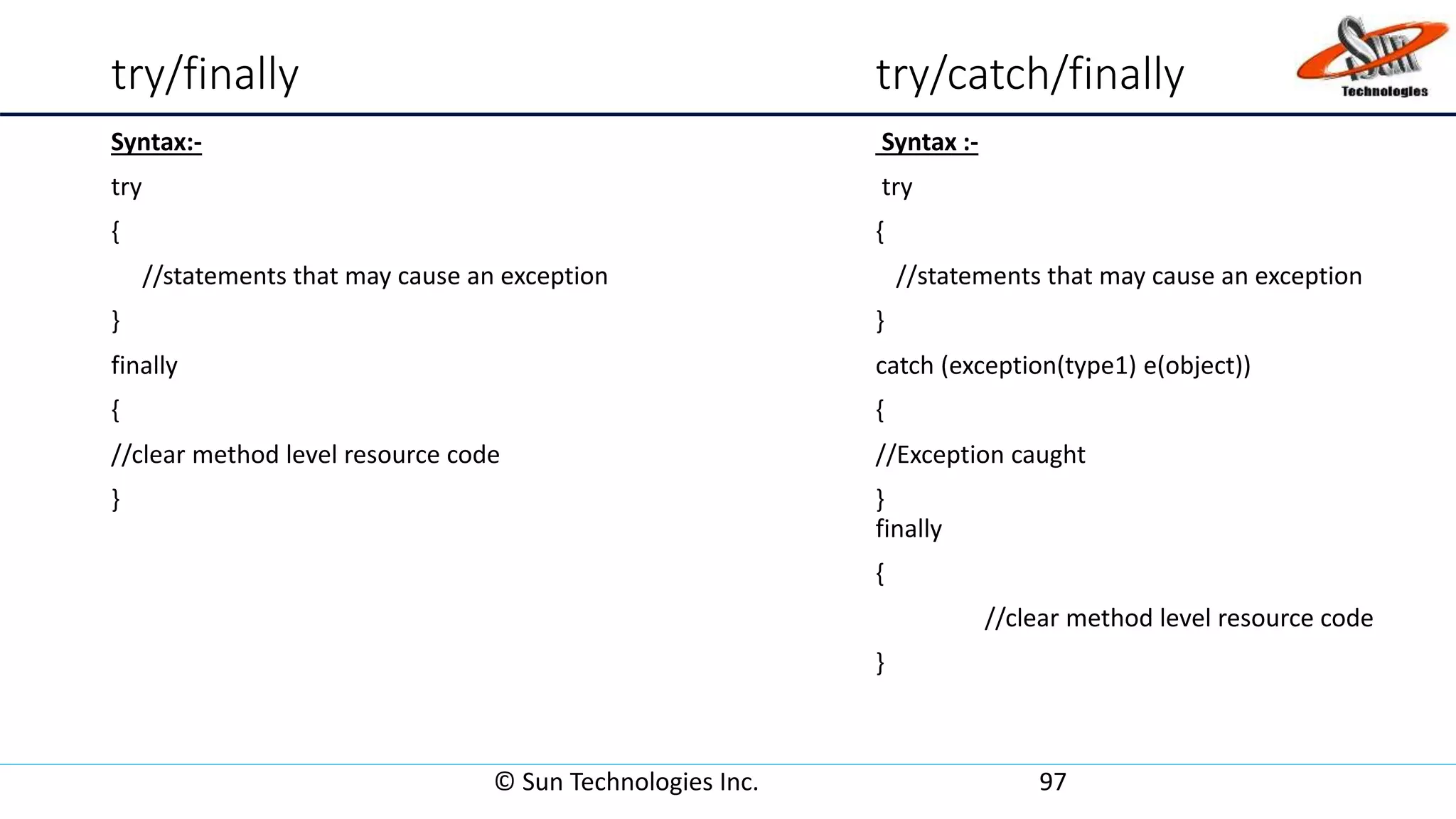 try/finally try/catch/finally
© Sun Technologies Inc. 97
Syntax:- Syntax :-
try try
{ {
//statements that may cause an exception //statements that may cause an exception
} }
finally catch (exception(type1) e(object))
{ {
//clear method level resource code //Exception caught
} }
finally
{
//clear method level resource code
}
 