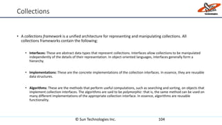 Collections
• A collections framework is a unified architecture for representing and manipulating collections. All
collections frameworks contain the following:
• Interfaces: These are abstract data types that represent collections. Interfaces allow collections to be manipulated
independently of the details of their representation. In object-oriented languages, interfaces generally form a
hierarchy.
• Implementations: These are the concrete implementations of the collection interfaces. In essence, they are reusable
data structures.
• Algorithms: These are the methods that perform useful computations, such as searching and sorting, on objects that
implement collection interfaces. The algorithms are said to be polymorphic: that is, the same method can be used on
many different implementations of the appropriate collection interface. In essence, algorithms are reusable
functionality.
© Sun Technologies Inc. 104
 