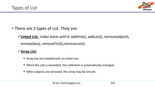 Types of List
• There are 2 types of List. They are:
Linked List: Index starts with 0. addFirst(), addLast(), remove(object),
remove(key), removeFirst(),removeLast().
Array List:
 Array List are created with an initial size.
 When the size is exceeded, the collection is automatically enlarged.
 When objects are removed, the array may be shrunk.
© Sun Technologies Inc. 107
 