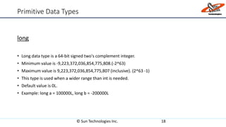 Primitive Data Types
long
• Long data type is a 64-bit signed two's complement integer.
• Minimum value is -9,223,372,036,854,775,808.(-2^63)
• Maximum value is 9,223,372,036,854,775,807 (inclusive). (2^63 -1)
• This type is used when a wider range than int is needed.
• Default value is 0L.
• Example: long a = 100000L, long b = -200000L
© Sun Technologies Inc. 18
 