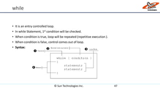 while
• It is an entry controlled loop.
• In while Statement, 1st condition will be checked.
• When condition is true, loop will be repeated (repetitive execution ).
• When condition is false, control comes out of loop.
• Syntax:
© Sun Technologies Inc. 47
 