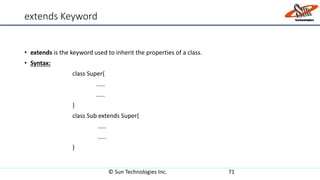extends Keyword
• extends is the keyword used to inherit the properties of a class.
• Syntax:
class Super{
.....
.....
}
class Sub extends Super{
.....
.....
}
© Sun Technologies Inc. 71
 