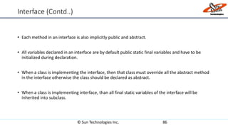 Interface (Contd..)
• Each method in an interface is also implicitly public and abstract.
• All variables declared in an interface are by default public static final variables and have to be
initialized during declaration.
• When a class is implementing the interface, then that class must override all the abstract method
in the interface otherwise the class should be declared as abstract.
• When a class is implementing interface, than all final static variables of the interface will be
inherited into subclass.
© Sun Technologies Inc. 86
 