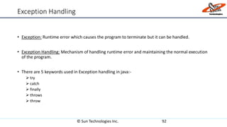 Exception Handling
• Exception: Runtime error which causes the program to terminate but it can be handled.
• Exception Handling: Mechanism of handling runtime error and maintaining the normal execution
of the program.
• There are 5 keywords used in Exception handling in java:-
 try
 catch
 finally
 throws
 throw
© Sun Technologies Inc. 92
 