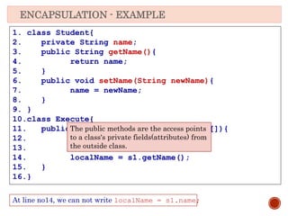 ENCAPSULATION - EXAMPLE
1. class Student{
2. private String name;
3. public String getName(){
4. return name;
5. }
6. public void setName(String newName){
7. name = newName;
8. }
9. }
10.class Execute{
11. public static void main(String args[]){
12. String localName;
13. Student s1 = new Student();
14. localName = s1.getName();
15. }
16.}
At line no14, we can not write localName = s1.name;
The public methods are the access points
to a class's private fields(attributes) from
the outside class.
 