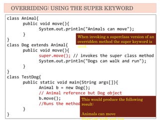 OVERRIDING: USING THE SUPER KEYWORD
class Animal{
public void move(){
System.out.println("Animals can move");
}
}
class Dog extends Animal{
public void move(){
super.move(); // invokes the super class method
System.out.println("Dogs can walk and run");
}
}
class TestDog{
public static void main(String args[]){
Animal b = new Dog();
// Animal reference but Dog object
b.move();
//Runs the method in Dog class
}
}
When invoking a superclass version of an
overridden method the super keyword is
used.
This would produce the following
result:
Animals can move
Dogs can walk and run
 