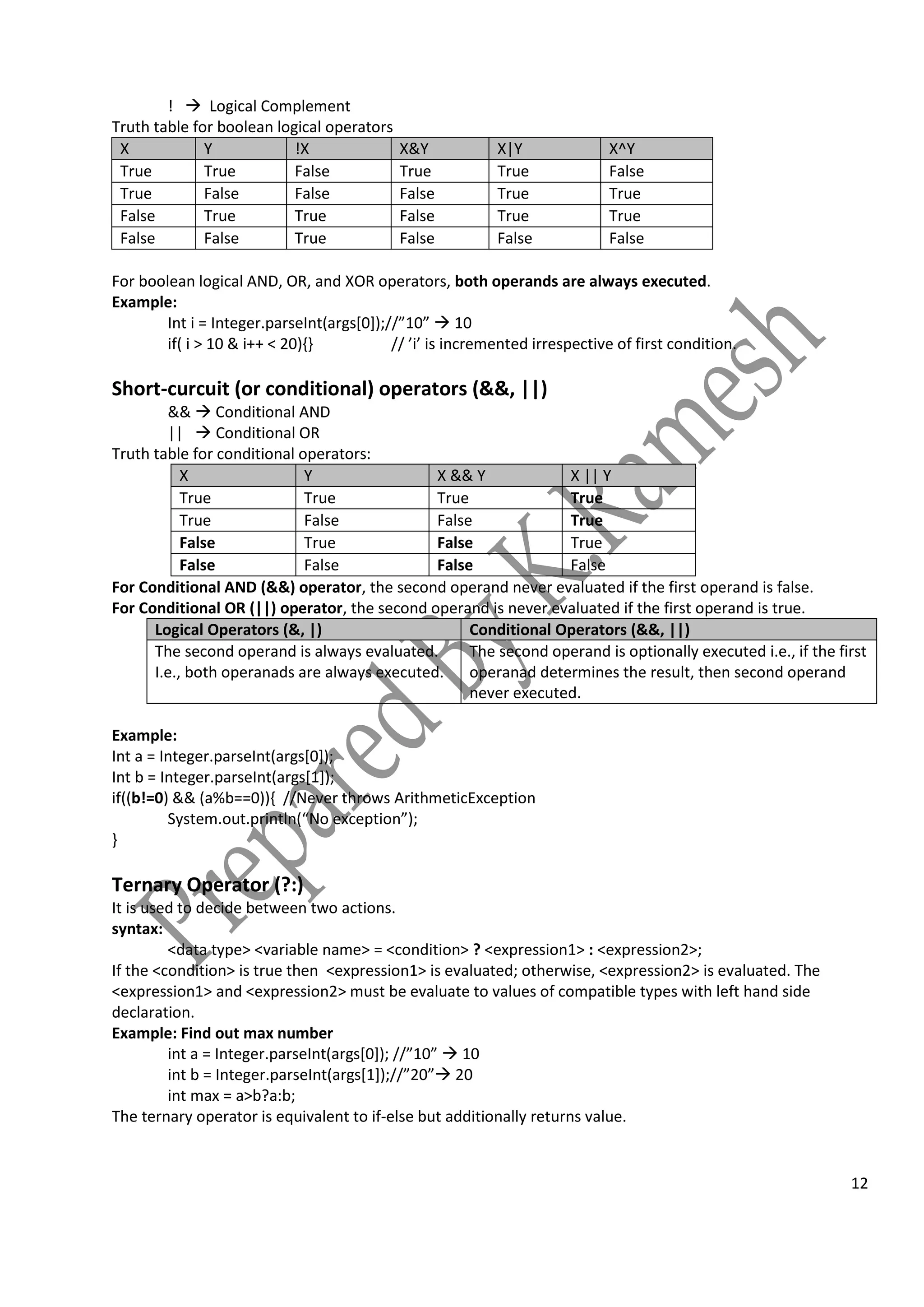 12
!  Logical Complement
Truth table for boolean logical operators
X Y !X X&Y X|Y X^Y
True True False True True False
True False False False True True
False True True False True True
False False True False False False
For boolean logical AND, OR, and XOR operators, both operands are always executed.
Example:
Int i = Integer.parseInt(args[0]);//”10”  10
if( i > 10 & i++ < 20){} // ’i’ is incremented irrespective of first condition.
Short-curcuit (or conditional) operators (&&, ||)
&&  Conditional AND
||  Conditional OR
Truth table for conditional operators:
X Y X && Y X || Y
True True True True
True False False True
False True False True
False False False False
For Conditional AND (&&) operator, the second operand never evaluated if the first operand is false.
For Conditional OR (||) operator, the second operand is never evaluated if the first operand is true.
Logical Operators (&, |) Conditional Operators (&&, ||)
The second operand is always evaluated.
I.e., both operanads are always executed.
The second operand is optionally executed i.e., if the first
operanad determines the result, then second operand
never executed.
Example:
Int a = Integer.parseInt(args[0]);
Int b = Integer.parseInt(args[1]);
if((b!=0) && (a%b==0)){ //Never throws ArithmeticException
System.out.println(“No exception”);
}
Ternary Operator (?:)
It is used to decide between two actions.
syntax:
<data type> <variable name> = <condition> ? <expression1> : <expression2>;
If the <condition> is true then <expression1> is evaluated; otherwise, <expression2> is evaluated. The
<expression1> and <expression2> must be evaluate to values of compatible types with left hand side
declaration.
Example: Find out max number
int a = Integer.parseInt(args[0]); //”10”  10
int b = Integer.parseInt(args[1]);//”20” 20
int max = a>b?a:b;
The ternary operator is equivalent to if-else but additionally returns value.
 
