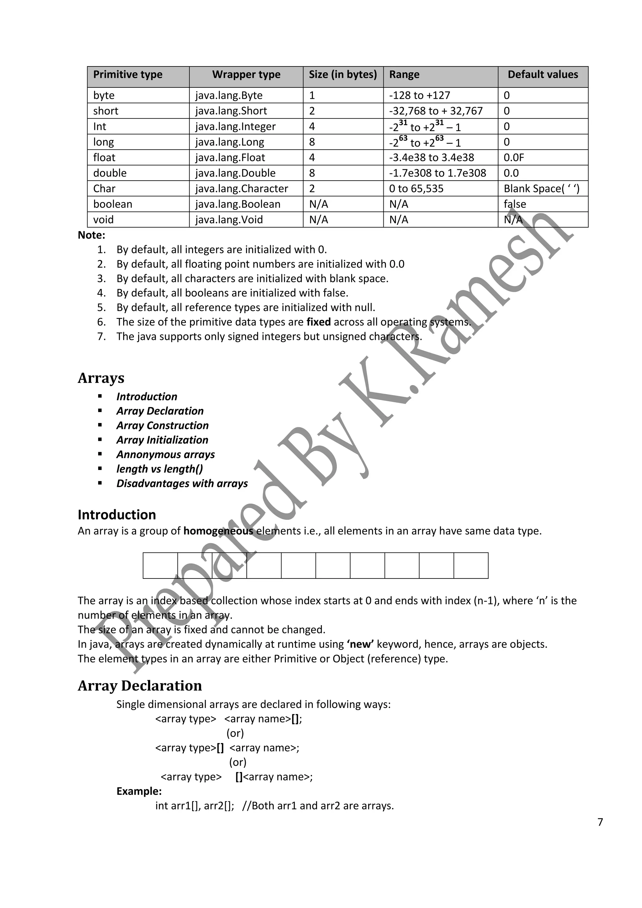 7
Primitive type Wrapper type Size (in bytes) Range Default values
byte java.lang.Byte 1 -128 to +127 0
short java.lang.Short
S
2 -32,768 to + 32,767 0
Int java.lang.Integer 4 -231
to +231
– 1 0
long java.lang.Long 8 -263
to +263
– 1 0
float java.lang.Float 4 -3.4e38 to 3.4e38 0.0F
double java.lang.Double 8 -1.7e308 to 1.7e308 0.0
Char java.lang.Character 2 0 to 65,535 Blank Space( ‘ ‘)
boolean java.lang.Boolean N/A N/A false
void java.lang.Void N/A N/A N/A
Note:
1. By default, all integers are initialized with 0.
2. By default, all floating point numbers are initialized with 0.0
3. By default, all characters are initialized with blank space.
4. By default, all booleans are initialized with false.
5. By default, all reference types are initialized with null.
6. The size of the primitive data types are fixed across all operating systems.
7. The java supports only signed integers but unsigned characters.
Arrays
 Introduction
 Array Declaration
 Array Construction
 Array Initialization
 Annonymous arrays
 length vs length()
 Disadvantages with arrays
Introduction
An array is a group of homogeneous elements i.e., all elements in an array have same data type.
The array is an index based collection whose index starts at 0 and ends with index (n-1), where ‘n’ is the
number of elements in an array.
The size of an array is fixed and cannot be changed.
In java, arrays are created dynamically at runtime using ‘new’ keyword, hence, arrays are objects.
The element types in an array are either Primitive or Object (reference) type.
Array Declaration
Single dimensional arrays are declared in following ways:
<array type> <array name>[];
(or)
<array type>[] <array name>;
(or)
<array type> []<array name>;
Example:
int arr1[], arr2[]; //Both arr1 and arr2 are arrays.
 