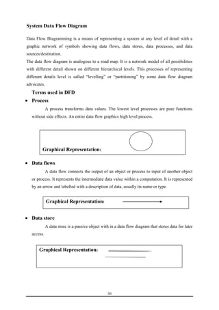 30 
System Data Flow Diagram 
Data Flow Diagramming is a means of representing a system at any level of detail with a 
graphic network of symbols showing data flows, data stores, data processes, and data 
sources/destination. 
The data flow diagram is analogous to a road map. It is a network model of all possibilities 
with different detail shown on different hierarchical levels. This processes of representing 
different details level is called “levelling” or “partitioning” by some data flow diagram 
advocates. 
Terms used in DFD 
 Process 
A process transforms data values. The lowest level processes are pure functions 
without side effects. An entire data flow graphics high level process. 
Graphical representation: 
Graphical Representation: 
 Data flows 
A data flow connects the output of an object or process to input of another object 
or process. It represents the intermediate data value within a computation. It is represented 
by an arrow and labelled with a description of data, usually its name or type. 
Graphical Representation: 
 Data store 
A data store is a passive object with in a data flow diagram that stores data for later 
access. 
Graphical Representation: 
 