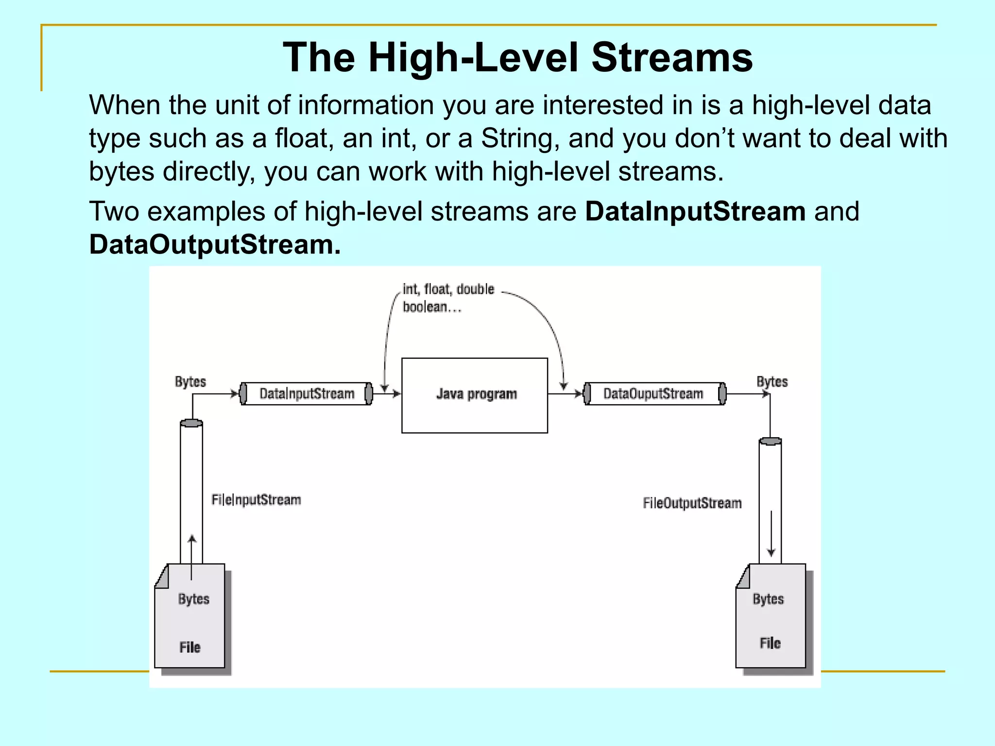 The High-Level Streams
When the unit of information you are interested in is a high-level data
type such as a float, an int, or a String, and you don’t want to deal with
bytes directly, you can work with high-level streams.
Two examples of high-level streams are DataInputStream and
DataOutputStream.
 