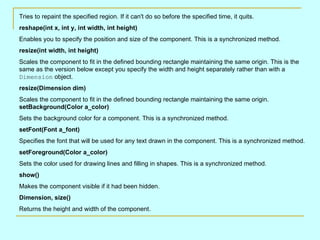 Tries to repaint the specified region. If it can't do so before the specified time, it quits.
reshape(int x, int y, int width, int height)
Enables you to specify the position and size of the component. This is a synchronized method.
resize(int width, int height)
Scales the component to fit in the defined bounding rectangle maintaining the same origin. This is the
same as the version below except you specify the width and height separately rather than with a
Dimension object.
resize(Dimension dim)
Scales the component to fit in the defined bounding rectangle maintaining the same origin.
setBackground(Color a_color)
Sets the background color for a component. This is a synchronized method.
setFont(Font a_font)
Specifies the font that will be used for any text drawn in the component. This is a synchronized method.
setForeground(Color a_color)
Sets the color used for drawing lines and filling in shapes. This is a synchronized method.
show()
Makes the component visible if it had been hidden.
Dimension, size()
Returns the height and width of the component.
 