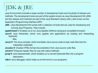 JDK & JRE
Java Environment includes a large number of development tools and hundreds of classes and
methods. The development tools are part of the system known as Java Development Kit (JDK)
and the classes and methods are part of the Java Standard Library (JSL), also known as the
Application Programming Interface (API).
JDK : Java Development Kit comes with a collection of tools that are used for developing and
      running Java Programs. They include :
appletviewer-> Enables us to run Java Applets (Without using java compatible browser)
Java Java Interpreter, which runs applets and applications by reading and interpreting
    bytecode
         files.
Javac The Java compiler, which translates Java source code to byte code files that the
          interpreter understad.
Javadoc Creates HTML-format documentation from Java source code files.
Javah Produces header files for use with native methods.
javap Java disassembler, which enables us to convert bytecode files into a program
          description.
Jdb Java debugger, which helps us to find errors in our programs.
 