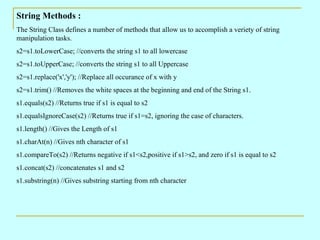 String Methods :
The String Class defines a number of methods that allow us to accomplish a veriety of string
manipulation tasks.
s2=s1.toLowerCase; //converts the string s1 to all lowercase
s2=s1.toUpperCase; //converts the string s1 to all Uppercase
s2=s1.replace('x','y'); //Replace all occurance of x with y
s2=s1.trim() //Removes the white spaces at the beginning and end of the String s1.
s1.equals(s2) //Returns true if s1 is equal to s2
s1.equalsIgnoreCase(s2) //Returns true if s1=s2, ignoring the case of characters.
s1.length() //Gives the Length of s1
s1.charAt(n) //Gives nth character of s1
s1.compareTo(s2) //Returns negative if s1<s2,positive if s1>s2, and zero if s1 is equal to s2
s1.concat(s2) //concatenates s1 and s2
s1.substring(n) //Gives substring starting from nth character
 
