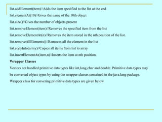 list.addElement(item)//Adds the item specified to the list at the end
list.elementAt(10)//Gives the name of the 10th object
list.size()//Gives the number of objects present
list.removeElement(item)//Removes the specified item from the list
list.removeElementAt(n)//Removes the item stored in the nth position of the list.
list.removeAllElements()//Removes all the element in the list
list.copyInto(array)//Copies all items from list to array
list.insertElementAt(item,n)//Inserts the item at nth position.
Wrapper Classes
Vectors not handled primitive data types like int,long,char and double. Primitive data types may
be converted object types by using the wrapper classes contained in the java.lang package.
Wrapper class for convering primitive data types are given below
 