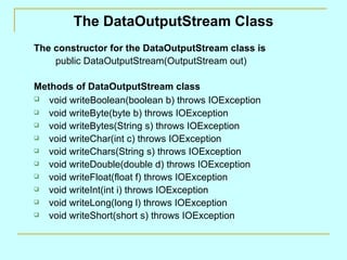 The DataOutputStream Class
The constructor for the DataOutputStream class is
    public DataOutputStream(OutputStream out)

Methods of DataOutputStream class
  void writeBoolean(boolean b) throws IOException
  void writeByte(byte b) throws IOException
  void writeBytes(String s) throws IOException
  void writeChar(int c) throws IOException
  void writeChars(String s) throws IOException
  void writeDouble(double d) throws IOException
  void writeFloat(float f) throws IOException
  void writeInt(int i) throws IOException
  void writeLong(long l) throws IOException
  void writeShort(short s) throws IOException
 