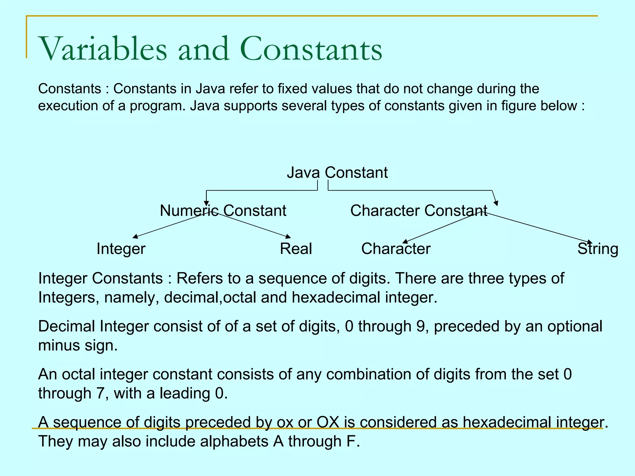 Variables and Constants Constants : Constants in Java refer to fixed values that do not change during the execution of a program. Java supports several types of constants given in figure below : Integer Constants : Refers to a sequence of digits. There are three types of Integers, namely, decimal,octal and hexadecimal integer. Decimal Integer consist of of a set of digits, 0 through 9, preceded by an optional minus sign. An octal integer constant consists of any combination of digits from the set 0 through 7, with a leading 0. A sequence of digits preceded by ox or OX is considered as hexadecimal integer. They may also include alphabets A through F. Java Constant Numeric Constant Character Constant Integer Real Character String 