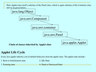 Here Applet class itself a subclass of the Panel class, which is again subclass of the Container class and so on given below : Chain of classes inherited by Applet class Applet Life Cycle Every Java applet inherits a set of default behaviors from the applet class. The applet state include : 1. Born or Initialization state 2. Idle State 3. Running state  4. Dead or Destroyed State java.lang.Object java.awt.Component java.awt.container java.awt.Panel java.applet.Applet 
