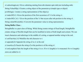 s1.subsctring(n,m) //Gives substring starting from nth charater upto mth (not including mth) String.ValueOf(p) //Creates a string object of the parameter p (simple type or object) p.toString(); //creates a string representation of the object p s1.indexOf('x') //Gives the position of the first occurence of 'x' in the string s1. s1.indexOf('x','n') // Gives the position of the 'x' that occurs after nth position in the string s1. String.valueOf(variable) //Converts the parameter value to string representation. String Buffer Class : StringBuffer is a peer class of String. While String creates strings of fixed length, StringBuffer creates strings of flexible length that can be modified in terms of both length and content. We can insert characters and substrings in the middle of a string, or append another string to the end. s1.setCharAt(n,'x')//Modifies the nth character to x s1.append(s2)//Appends the string s2 to s1 at the end s1.insert(n,s2)//Inserts the string s2 at the position n of the string s1. s1.setLength(n)//Sets the length of the string s1 to n. If n<s1.length() s1 is truncated. If n>s1.length() zeros are added to s1. 