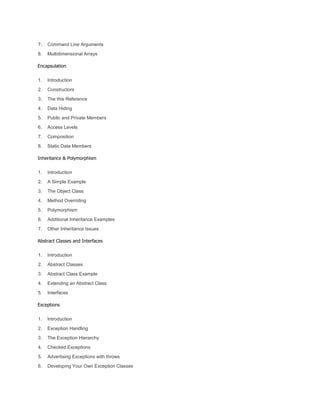 7. Command Line Arguments
8. Multidimensional Arrays
Encapsulation
1. Introduction
2. Constructors
3. The this Reference
4. Data Hiding
5. Public and Private Members
6. Access Levels
7. Composition
8. Static Data Members
Inheritance & Polymorphism
1. Introduction
2. A Simple Example
3. The Object Class
4. Method Overriding
5. Polymorphism
6. Additional Inheritance Examples
7. Other Inheritance Issues
Abstract Classes and Interfaces
1. Introduction
2. Abstract Classes
3. Abstract Class Example
4. Extending an Abstract Class
5. Interfaces
Exceptions
1. Introduction
2. Exception Handling
3. The Exception Hierarchy
4. Checked Exceptions
5. Advertising Exceptions with throws
6. Developing Your Own Exception Classes
 
