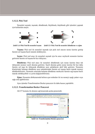 1.3.2.2. Pick Tool

       Nesneleri seçmek, taşımak, döndürmek, büyültmek, küçültmek gibi işlemleri yapmak
için kullanılan araçtır.




 Şekil 1.4: Pick Tool ile nesneleri seçme   Şekil 1.5: Pick Tool ile nesneleri döndürme ve eğme

      Taşıma: Pick tool ile nesneleri taşımak için pick tool aracını nesne üzerine getirip
farenin sol tuşuna basılı tutarak sürükleyiniz.

       Seçme: Pick tool aracı ile nesneleri seçmek için bu aracı seçilecek nesnenin üzerine
getirerek farenin sol tuşuna bir kez tıklayınız.

       Döndürme: Pick tool aracı ile nesneleri döndürmek için nesne üzerine önce tek
tıklayarak nesneyi seçili duruma getiriniz. Seçili duruma gelen nesne üzerine bir kez daha
farenin sol tuşu ile tıklayarak döndürme ayar çubuklarını aktif hâle getiriniz. Nesnenin
köşelerinde bulunan döndürme ayar noktalarından farenin sol tuşuna basılı tutarak nesneyi
döndürebilirsiniz. Nesnenin ortasında bulunan döndürme merkezini farenin sağ tuşuna basılı
tutarak sürükleyebilir ve yerini değiştirebilirsiniz.
      Eğme: Nesnenin dörtkenarında beliren ayar noktaları ile ise nesneyi aşağı yukarı veya
sağa sola eğebilirsiniz
      Aynı işlemler Transformation Docker penceresi ile daha hassas yapılabilir.

1.3.2.3. Transformation Docker Penceresi
      Alt+F7 komutu ile ekranın sağ kenarında açılan penceredir.




                          Şekil 1.6: Transformation Docker penceresi

                                                9
 