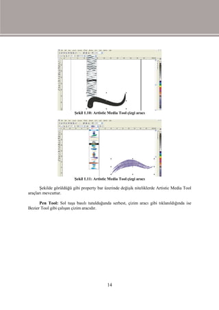 Şekil 1.10: Artistic Media Tool çizgi aracı




                          Şekil 1.11: Artistic Media Tool çizgi aracı

       Şekilde görüldüğü gibi property bar üzerinde değişik niteliklerde Artistic Media Tool
araçları mevcuttur.

      Pen Tool: Sol tuşa basılı tutulduğunda serbest, çizim aracı gibi tıklanıldığında ise
Bezier Tool gibi çalışan çizim aracıdır.




                                              14
 