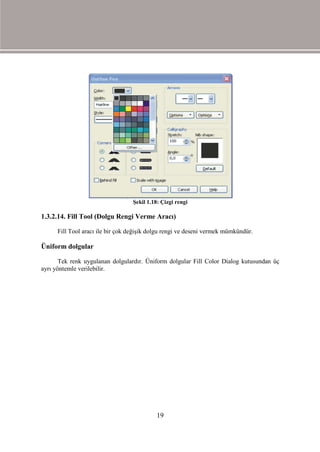Şekil 1.18: Çizgi rengi

1.3.2.14. Fill Tool (Dolgu Rengi Verme Aracı)

     Fill Tool aracı ile bir çok değişik dolgu rengi ve deseni vermek mümkündür.

Üniform dolgular

       Tek renk uygulanan dolgulardır. Üniform dolgular Fill Color Dialog kutusundan üç
ayrı yöntemle verilebilir.




                                           19
 