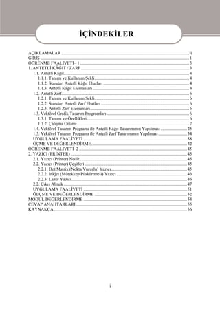 İÇİNDEKİLER

AÇIKLAMALAR ....................................................................................................................ii
GİRİŞ ....................................................................................................................................... 1
ÖĞRENME FAALİYETİ– 1 ................................................................................................... 3
1. ANTETLİ KÂĞIT / ZARF .................................................................................................. 3
   1.1. Antetli Kâğıt.................................................................................................................. 4
      1.1.1. Tanımı ve Kullanım Şekli...................................................................................... 4
      1.1.2. Standart Antetli Kâğıt Ebatları .............................................................................. 4
      1.1.3. Antetli Kâğıt Elemanları........................................................................................ 4
   1.2. Antetli Zarf.................................................................................................................... 6
      1.2.1. Tanımı ve Kullanım Şekli...................................................................................... 6
      1.2.2. Standart Antetli Zarf Ebatları ................................................................................ 6
      1.2.3. Antetli Zarf Elemanları.......................................................................................... 6
   1.3. Vektörel Grafik Tasarım Programları ........................................................................... 6
      1.3.1. Tanımı ve Özellikleri............................................................................................. 6
      1.3.2. Çalışma Ortamı...................................................................................................... 7
   1.4. Vektörel Tasarım Programı ile Antetli Kâğıt Tasarımının Yapılması ........................ 25
   1.5. Vektörel Tasarım Programı ile Antetli Zarf Tasarımının Yapılması .......................... 34
   UYGULAMA FAALİYETİ .............................................................................................. 38
   ÖÇME VE DEĞERLENDİRME....................................................................................... 42
ÖĞRENME FAALİYETİ–2 .................................................................................................. 45
2. YAZICI (PRİNTER) .......................................................................................................... 45
   2.1. Yazıcı (Printer) Nedir.................................................................................................. 45
   2.2. Yazıcı (Printer) Çeşitleri ............................................................................................. 45
      2.2.1. Dot Matrix (Nokta Vuruşlu) Yazıcı..................................................................... 45
      2.2.2. Inkjet (Mürekkep Püskürtmeli) Yazıcı ................................................................ 46
      2.2.3. Lazer Yazıcı......................................................................................................... 46
   2.2. Çıkış Almak ................................................................................................................ 47
   UYGULAMA FAALİYETİ .............................................................................................. 51
   ÖLÇME VE DEĞERLENDİRME .................................................................................... 52
MODÜL DEĞERLENDİRME .............................................................................................. 54
CEVAP ANAHTARLARI ..................................................................................................... 55
KAYNAKÇA ......................................................................................................................... 56




                                                                       i
 