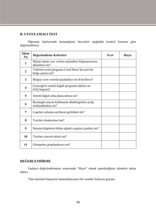 B. UYGULAMALI TEST

      Öğrenme faaliyetinde kazandığınız becerileri aşağıdaki kontrol listesine göre
değerlendiriniz.

 İşlem
           Değerlendirme Kriterleri                                    Evet      Hayır
  Nu
           Dijital olarak size verilen orijinalleri bilgisayarınıza
   1
           aktardınız mı?
           Vektörel çizim programı Corel Draw’da yeni bir
   2
           belge açtınız mı?

   3       Belgeyi isim vererek kaydediniz mi (File/Save)?

           Çizeceğiniz antetli kağıdı programa aldınız mı
   4
           (File/Import)?

   5       Antetli kâğıdı arka plana attınız mı?

           Rectangle aracını kullanarak dikdörtgenleri çizip,
   6
           renklendirdiniz mi?

   7       Logoları çalışma sayfanıza getirdiniz mi?

   8       Yazıları oluşturunuz mu?

   9       İletişim bilgilerini bölen eğimli çizgileri çizdiniz mi?

   10      Yazıları convert ettiniz mi?

   11      Elemanları gruplandırınız mı?




DEĞERLENDİRME

       Faaliyet değerlendirmeniz sonucunda “Hayır” olarak işaretlediğiniz işlemleri tekrar
ediniz.

        Tüm işlemleri başarıyla tamamladıysanız bir sonraki faaliyete geçiniz.




                                                44
 