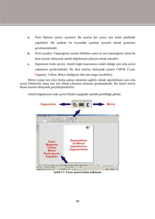 a.    Print Options (yazıcı ayarları): Bu ayarlar her yazıcı için farklı şekillerde
            yapılabilir. Bu nedenle bu kısımdaki ayarlara ayrıntılı olarak girmemiz
            gerekmemektedir.
      b.    Print (yazdır): Yapacağımız ayarlar bittikten sonra en son yapacağımız işlem bu
            ikon üzerine tıklayarak antetli kâğıdımızın çıktısını almak olacaktır.
      c.    Seperation (renk ayrım): Antetli kâğıt tasarımımız renkli olduğu için renk ayrım
            yapmamız gerekmektedir. Bu ikon üzerine tıklayarak işimizi CMYK (Cyan,
            Magenta, Yellow, Black) dediğimiz dört ana renge ayırabiliriz.
      Mirror (yatay ters yüz): Kalıp çekme işleminin sağlıklı olarak yapılabilmesi için renk
ayrım filmlerinin yatay ters yüz olarak çıktısının alınması gerekmektedir. Bu işlemi mirror
ikonu üzerine tıklayarak gerçekleştirebiliriz.

      Antetli kâğıdımızın renk ayrım filmleri aşağıdaki şekilde görüldüğü gibidir.




                           Şekil 2.7: Yazıcı penceresinin kullanımı




                                              49
 