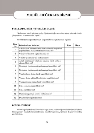 MODÜL DEĞERLENDİRME

                 MODÜL DEĞERLENDİRME
UYGULAMALI TEST (YETERLİLİK ÖLÇME)

       Okulunuzun antetli kâğıt ve zarfını öğretmeninizden veya internetten edinerek çiziniz,
çıkışını alınız ve kontrollerini yapınız.

       Modülde kazandığınız becerileri aşağıdaki tablo doğrultusunda ölçünüz.

 İşlem
       Değerlendirme Kriterleri                                          Evet       Hayır
  Nu
       Verileri (CD, resim maket ve baskı örnekleri) müşteriden
   1
       (öğretmenden) eksiksiz teslim alabildiniz mi?
   2     Verileri bir klasörde toplayabildiniz mi?

   3     Yeni bir çalışma sayfası açabildiniz mi?
         Antetli kâğıt ve zarf bilgilerini sorunsuz olarak sayfaya
   4
         aktarabildiniz mi?
   5     Nesnelerin ebatlarını doğru olarak ayarlayabildiniz mi?

   6     Nesnelerin ebatlarını doğru olarak ayarlayabildiniz mi?

   7     Yazı fontlarını doğru olarak seçebildiniz mi?

   8     Yazıları doğru şekilde blok biçimini seçebildiniz mi?

   9     Yazı puntosunu doğru olarak verebildiniz mi?

  10     Çıkış ayarlarını yapabildiniz mi?

  11     Çıkış alabildiniz mi?

  12     Orijinale uygunluğu kontrol edebildiniz mi?

  13     Düzeltmeleri yapabildiniz mi?



DEĞERLENDİRME

      Modül değerlendirmeniz sonucunda hayır olarak işaretlediğiniz işlemleri tekrar ediniz.
Tüm işlemleri başarıyla tamamladıysanız modülü başardınız, tebrikler. Başka bir modüle
geçebilirsiniz.



                                              54
 