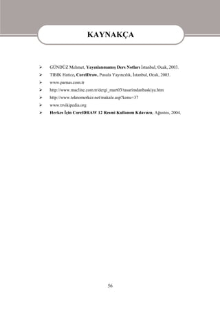 KAYNAKÇA

                          KAYNAKÇA
   GÜNDÜZ Mehmet, Yayınlanmamış Ders Notları İstanbul, Ocak, 2003.
   TIBIK Hatice, CorelDraw, Pusula Yayıncılık, İstanbul, Ocak, 2003.
   www.parnas.com.tr
   http://www.macline.com.tr/dergi_mart03/tasarimdanbaskiya.htm
   http://www.teknomerkez.net/makale.asp?konu=37
   www.trvikipedia.org
   Herkes İçin CorelDRAW 12 Resmi Kullanım Kılavuzu, Ağustos, 2004.




                                   56
 
