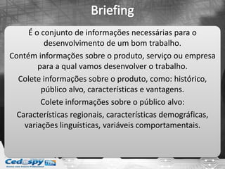 É o conjunto de informações necessárias para o
desenvolvimento de um bom trabalho.
Contém informações sobre o produto, serviço ou empresa
para a qual vamos desenvolver o trabalho.
Colete informações sobre o produto, como: histórico,
público alvo, características e vantagens.
Colete informações sobre o público alvo:
Características regionais, características demográficas,
variações linguísticas, variáveis comportamentais.
 