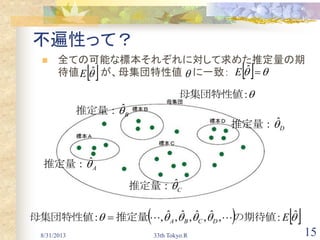 8/31/2013 33th Tokyo.R 15
不遍性って？
 全ての可能な標本それぞれに対して求めた推定量の期
待値 が、母集団特性値 に一致：    ˆE ˆE 
Dˆ推定量：
Cˆ推定量：
Aˆ推定量：
Bˆ推定量：
    ˆ:,ˆ,ˆ,ˆ,ˆ,: EDCBA の期待値推定量母集団特性値 
:母集団特性値
 