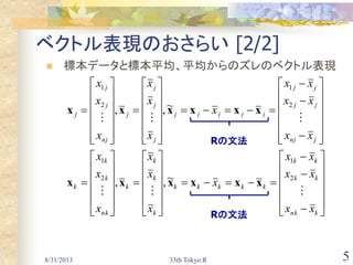 8/31/2013 33th Tokyo.R 5
ベクトル表現のおさらい [2/2]
 標本データと標本平均、平均からのズレのベクトル表現


























































































knk
kk
kk
kkkkk
k
k
k
k
nk
k
k
k
jnj
jj
jj
jjjjj
j
j
j
j
nj
j
j
j
xx
xx
xx
x
x
x
x
x
x
x
xx
xx
xx
x
x
x
x
x
x
x


2
1
2
1
2
1
2
1
~,,
~,,
xxxxxx
xxxxxx
Rの文法
Rの文法
 