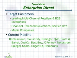 Sales Model Enterprise Direct Target Customers Leading Multi-Channel Retailers & B2B Enterprises Financial, Telecommunications, Service Co’s Media Companies Current Pipeline Bertlesmann, Circuit City, Grainger, QVC, Crate & Barrel, CostCo, Best Buy, JCPenney, Nordstrom, Spiegel, Sears, FingerHut, Homeruns  