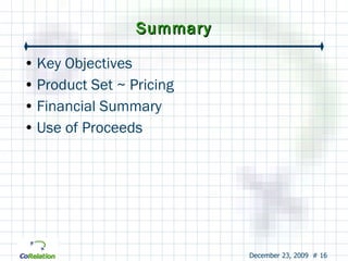 Summary Key Objectives Product Set ~ Pricing Financial Summary Use of Proceeds 